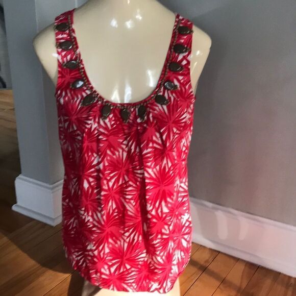 Boden red shades flower pattern beaded cotton top - Picture 1 of 5